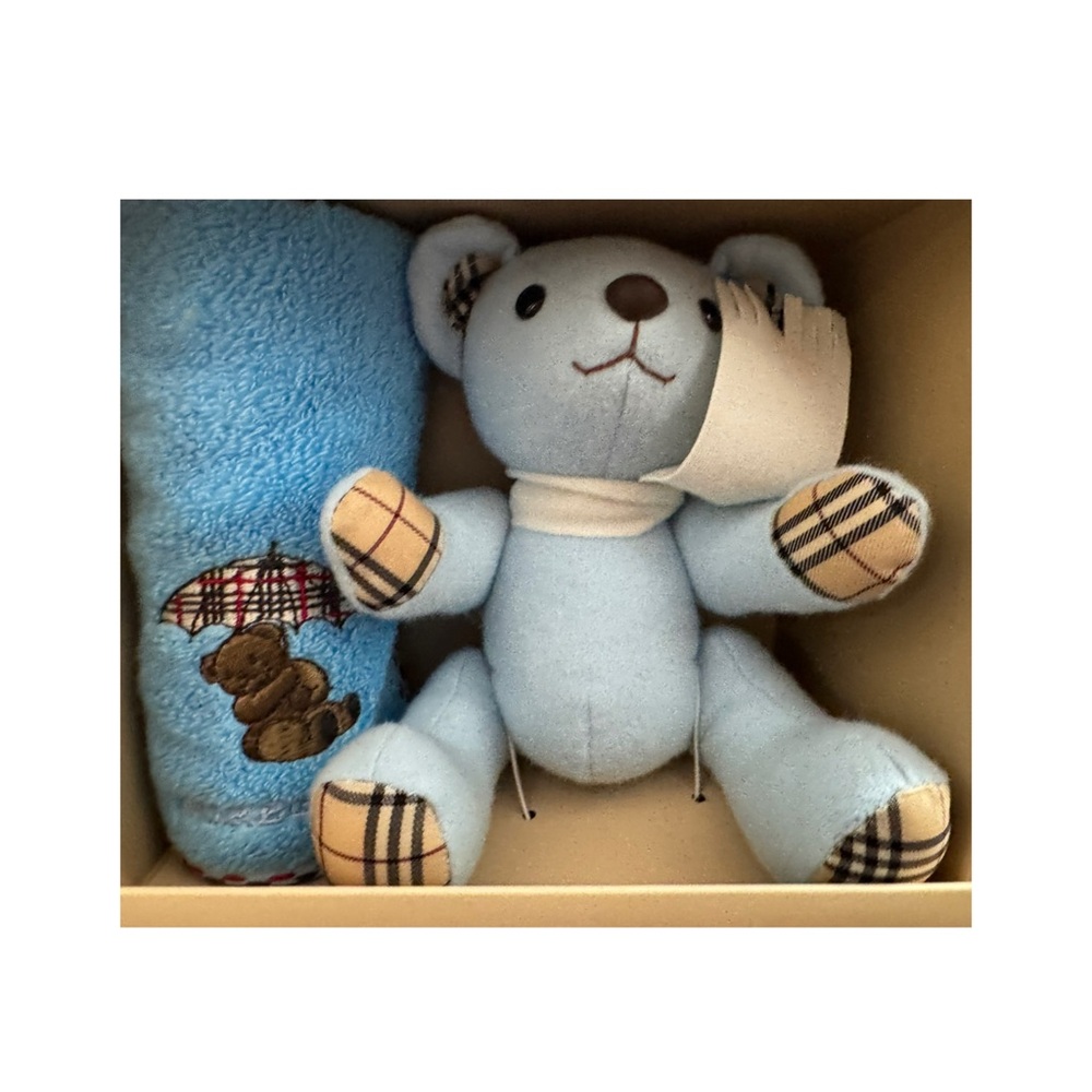 Authentic Burberry Baby Blue Teddy Bear with matching towel box set. NIB